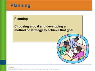 Planning
Planning
Choosing a goal and developing a
method of strategy to achieve that goal

1
Chapter 5
Copyright ©2007 by South-Western, a division of Thomson Learning. All rights reserved

1

 