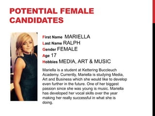 POTENTIAL FEMALE
CANDIDATES
First Name MARIELLA
Last Name RALPH
Gender FEMALE
Age 17
Hobbies MEDIA, ART & MUSIC
Mariella is a student at Kettering Buccleuch
Academy. Currently, Mariella is studying Media,
Art and Business which she would like to develop
even further in the future. One of her biggest
passion since she was young is music. Mariella
has developed her vocal skills over the year
making her really successful in what she is
doing.
 