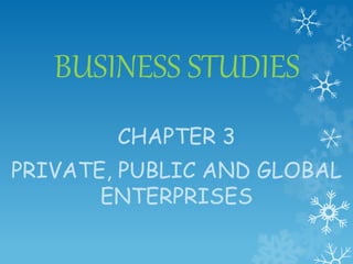 BUSINESS STUDIES
CHAPTER 3
PRIVATE, PUBLIC AND GLOBAL
ENTERPRISES
 
