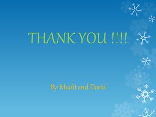 THANK YOU !!!!
By: Mudit and David
 