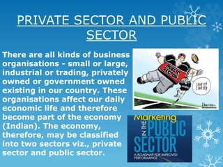 PRIVATE SECTOR AND PUBLIC
SECTOR
There are all kinds of business
organisations - small or large,
industrial or trading, privately
owned or government owned
existing in our country. These
organisations affect our daily
economic life and therefore
become part of the economy
(Indian). The economy,
therefore, may be classified
into two sectors viz., private
sector and public sector.
 