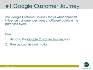 #1 Google Customer Journey 
The Google Customer Journey shows what channels 
influence customer decisions at different points in the 
purchase cycle. 
How 
1. Head to the Google Customer Journey tool 
2. Filter by country and market 
54 | 21.11.2014 
 