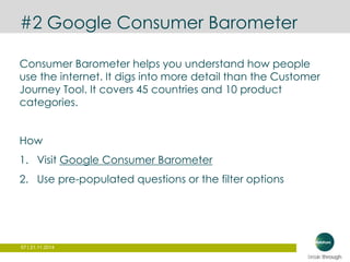 #2 Google Consumer Barometer 
Consumer Barometer helps you understand how people 
use the internet. It digs into more detail than the Customer 
Journey Tool. It covers 45 countries and 10 product 
categories. 
How 
1. Visit Google Consumer Barometer 
2. Use pre-populated questions or the filter options 
57 | 21.11.2014 
 