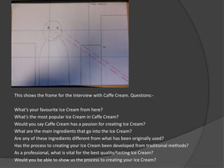 This shows the frame for the interview with Caffe Cream. Questions:-
What’s your favourite Ice Cream from here?
What’s the most popular Ice Cream in Caffe Cream?
Would you say Caffe Cream has a passion for creating Ice Cream?
What are the main ingredients that go into the Ice Cream?
Are any of these ingredients different from what has been originally used?
Has the process to creating your Ice Cream been developed from traditional methods?
As a professional, what is vital for the best quality/tasting Ice Cream?
Would you be able to show us the process to creating your Ice Cream?
 