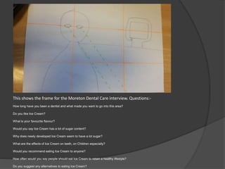 This shows the frame for the Moreton Dental Care interview. Questions:-
How long have you been a dentist and what made you want to go into this area?
Do you like Ice Cream?
What is your favourite flavour?
Would you say Ice Cream has a lot of sugar content?
Why does newly developed Ice Cream seem to have a lot sugar?
What are the effects of Ice Cream on teeth, on Children especially?
Would you recommend eating Ice Cream to anyone?
How often would you say people should eat Ice Cream to retain a healthy lifestyle?
Do you suggest any alternatives to eating Ice Cream?
 