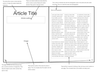 Article Title Lorem ipsum dolor sit amet,
consectetur adipiscing elit.
Fusce sodales, justo sed
gravida iaculis, arcu mauris
tristique est, a condimentum
velit risus id neque. Aliquam
pulvinar euismod mi ut lacinia.
Mauris tempor eget ex in
auctor. Fusce rhoncus
bibendum magna quis rutrum.
Nam mollis iaculis mi.
Maecenas sollicitudin augue
tempus, imperdiet velit sit
amet, dapibus ante. Etiam eget
nulla varius, tristique ligula non,
euismod mauris.
Fusce hendrerit, leo a interdum
molestie, lectus libero mollis
erat, nec ultrices turpis dolor
vitae libero. Phasellus porta
felis ac urna lobortis iaculis.
Duis in ipsum eu metus
posuere rhoncus sed a quam.
Aliquam erat volutpat.
Pellentesque vel blandit purus.
Fusce quis libero odio. Donec
vel justo eu massa mattis
tempor. Etiam est ipsum,
pharetra in magna et, vehicula
maximus ex. Aenean
ullamcorper sapien nulla, ac
tincidunt massa suscipit eu.
Mauris gravida non felis sit
amet pharetra. Pellentesque
aliquet ligula vitae tellus blandit
ultrices. Nunc sit amet lectus
quam.
Lorem ipsum dolor sit amet,
consectetur adipiscing elit.
Vivamus ornare efficitur
semper. Duis vitae finibus urna.
Praesent ac blandit lacus.
Vivamus lacinia neque eget
vestibulum malesuada. Mauris
pellentesque tincidunt posuere.
Proin orci velit, dapibus finibus
dolor id, varius luctus risus.
Pellentesque tincidunt orci vel
risus interdum mattis. Fusce
dapibus dui et lacus lacinia, ac
congue elit porttitor. Vivamus
facilisis elit at erat cursus, quis
consectetur leo tempus.
Ut condimentum tincidunt tellus
ac scelerisque. Vivamus feugiat
scelerisque lacinia. Aliquam
pharetra lectus sed tempus
convallis. Ut ut lorem quam.
Praesent ac est elementum,
sodales mi eu, dapibus neque.
Maecenas mi justo, auctor sed
tempus et, egestas eu libero.
Donec gravida ligula vel ex
tempus tempus. Ut semper
suscipit posuere. Etiam et urna
vel urna elementum mollis.
Aliquam vehicula, sapien vitae
dapibus auctor, odio lectus
tincidunt odio, in imperdiet
justo nibh ut felis. Mauris
volutpat dignissim mi, sed
malesuada enim placerat vel.
Lorem ipsum dolor sit amet,
consectetur adipiscing elit.
Aenean non dolor eu justo
ultrices euismod sit amet vitae
augue. Etiam.
Article outline
Writer & photographer
70 71
Image
The article title is here to show what the
article is. It helps the reader identify the
article too.
There is an article outline too show what the
article is about quickly helping the reader
decide if they want to read the article.
This is here to indicate who took the photographs used in the article and who wrote
the article. This is to credit the writer and photographer.
The page numbers are here because they
are a normal convention of magazines. They
help the reader locate certain articles they
want to read.
There will be a photo of the artist the article is
about. This is to visually show the reader who the
article is about.
There will be 3 columns of writing so they can be as much content on
one page. This is located here so the reader can easily see it.
 