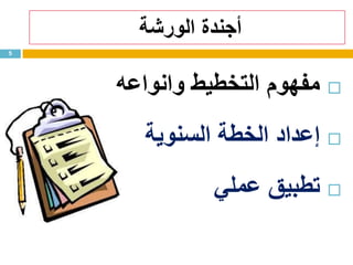 ‫الورشة‬ ‫أجندة‬
‫التخطيط‬ ‫مفهوم‬‫وانواعه‬
‫السنوية‬ ‫الخطة‬ ‫إعداد‬
‫عملي‬ ‫تطبيق‬
5
 