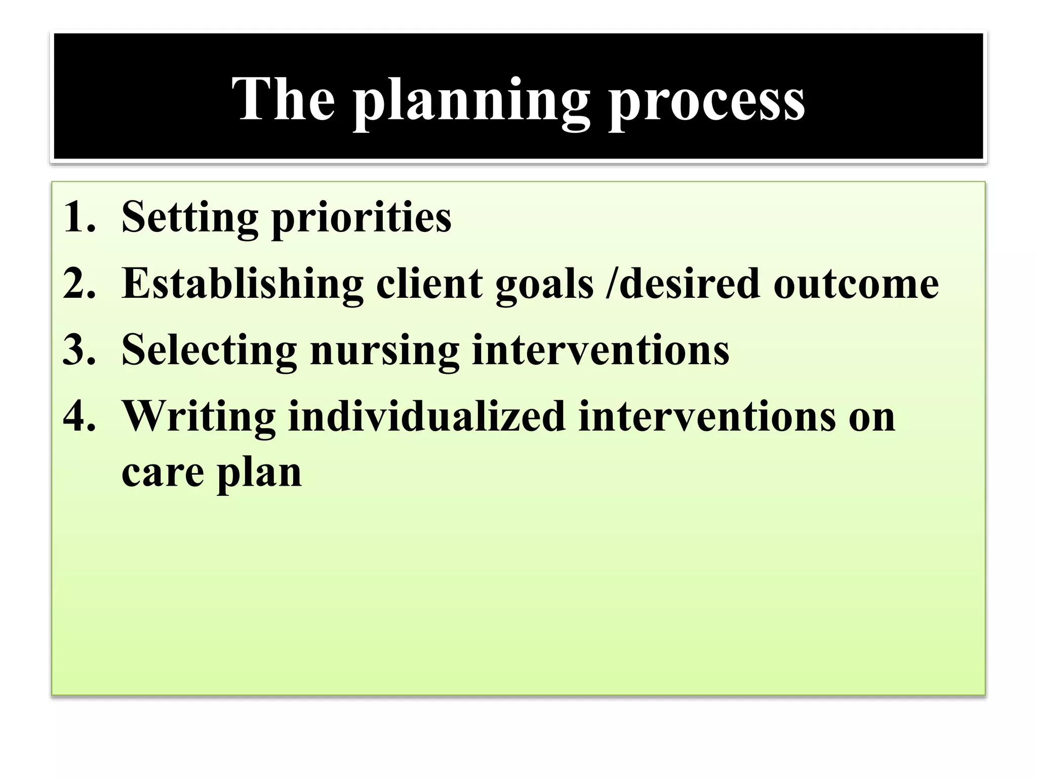 The planning process
1. Setting priorities
2. Establishing client goals /desired outcome
3. Selecting nursing interventions
4. Writing individualized interventions on
care plan
 