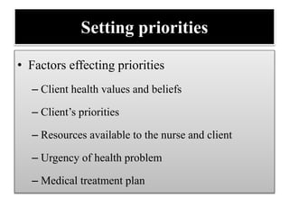 Setting priorities
• Factors effecting priorities
– Client health values and beliefs
– Client’s priorities
– Resources available to the nurse and client
– Urgency of health problem
– Medical treatment plan
 