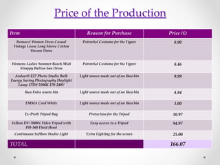 Price of the Production
Item Reason for Purchase Price (£)
Romacci Women Dress Casual
Vintage Loose Long Sleeve Cotton
Viscose Dress
Potential Costume for the Figure 8.90
Womens Ladies Summer Beach Midi
Strappy Button Sun Dress
Potential Costume for the Figure 8.46
Andoer® E27 Photo Studio Bulb
Energy Saving Photography Daylight
Lamp 175W 5500K 170-240V
Light source made out of an Ikea bin 9.99
Ikea Fniss waste bin Light source made out of an Ikea bin 4.84
EMMA Cord White Light source made out of an Ikea bin 3.00
Ex-Pro® Tripod Bag Protection for the Tripod 10.97
Velbon DV-7000N Video Tripod with
PH-368 Fluid Head
Easy access to a Tripod 94.97
Continuous Softbox Studio Light Extra Lighting for the scenes 25.00
TOTAL 166.07
 