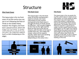 Structure
Film Front Cover
This layout plan is for my front
cover of my film and as you can
see it isn’t following the Rule of
Thirds or the Golden Ratio,
however the imagery and most
text is placed central, which still
makes you see it first, as all the
rest won’t be important aspects
(such as dark shadowing on the
edge).
Film Back Cover
This layout plan is for the back
cover of my film and because I
need to include a lot more
information on this section
(compared to the front cover) I
thought the Rule of Thirds would
be effective. I will include imagery
on the lines to the right and the
blurb on the line to the left (as
shown), with the title at the top in
smaller font size. This makes the
viewer notice all the aspects
equally, rather than one standing
out more than the other
(depending on the colour etc.)
Film Poster
This layout plan is for my poster for
my film, which doesn’t need a lot of
information, as it just needs to catch
the viewers eye and make them
notice the product, making them
look at the actual film that is being
advertised. The Golden Ratio (a.k.a
Fibonacci Spiral) is a good way to
make a certain aspect stand out (the
title/tagline on the right) and making
them follow the spiral round (to the
axe/imagery at the top) over to the
main part where they finish (the
imagery on the left), as this is where
they will spend most of their time
looking, at the end.
 