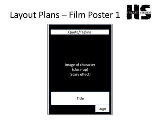 Layout Plans – Film Poster 1
Image of character
(close-up)
(scary effect)
Quote/Tagline
Title
Logo
 