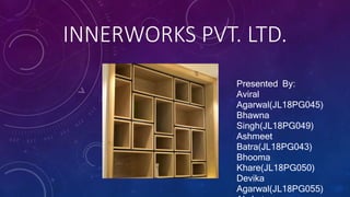 INNERWORKS PVT. LTD.
Presented By:
Aviral
Agarwal(JL18PG045)
Bhawna
Singh(JL18PG049)
Ashmeet
Batra(JL18PG043)
Bhooma
Khare(JL18PG050)
Devika
Agarwal(JL18PG055)
 