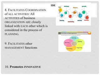 8. FACILITATES COORDINATION
of ALL ACTIVITIES: All
ACTIVITIES of business
ORGANIZATION ARE closely
linked with EACH other which is
considered in the process of
PLANNING.
9. FACILITATES other
MANAGEMENT functions
10. Promotes INNOVATIVE
IDEAS:
 