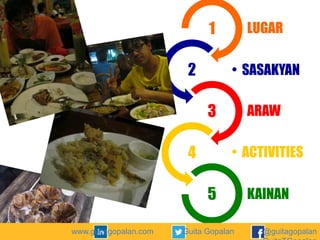 1

2

• LUGAR
• SASAKYAN

3
4

• ARAW
• ACTIVITIES

5
www.guitagopalan.com

Guita Gopalan

• KAINAN
@guitagopalan

 