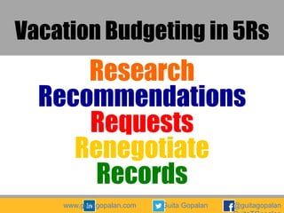 Vacation Budgeting in 5Rs

Research
Recommendations
Requests
Renegotiate
Records
www.guitagopalan.com

Guita Gopalan

@guitagopalan

 