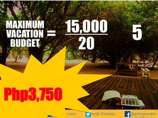 MAXIMUM
VACATION
BUDGET

15,000
=
20

5

Php3,750
www.guitagopalan.com

Guita Gopalan

@guitagopalan

 