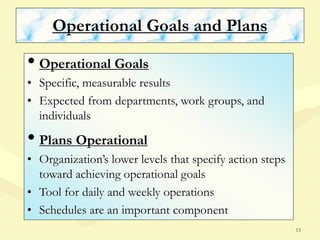 13
Operational Goals and Plans
• Operational Goals
• Specific, measurable results
• Expected from departments, work groups, and
individuals
• Plans Operational
• Organization’s lower levels that specify action steps
toward achieving operational goals
• Tool for daily and weekly operations
• Schedules are an important component
 
