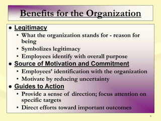 6
Benefits for the Organization
● Legitimacy
• What the organization stands for - reason for
being
• Symbolizes legitimacy
• Employees identify with overall purpose
● Source of Motivation and Commitment
• Employees’ identification with the organization
• Motivate by reducing uncertainty
● Guides to Action
• Provide a sense of direction; focus attention on
specific targets
• Direct efforts toward important outcomes
 
