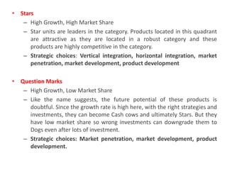 • Stars
– High Growth, High Market Share
– Star units are leaders in the category. Products located in this quadrant
are attractive as they are located in a robust category and these
products are highly competitive in the category.
– Strategic choices: Vertical integration, horizontal integration, market
penetration, market development, product development
• Question Marks
– High Growth, Low Market Share
– Like the name suggests, the future potential of these products is
doubtful. Since the growth rate is high here, with the right strategies and
investments, they can become Cash cows and ultimately Stars. But they
have low market share so wrong investments can downgrade them to
Dogs even after lots of investment.
– Strategic choices: Market penetration, market development, product
development.
 