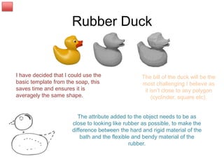 Rubber Duck


I have decided that I could use the                The bill of the duck will be the
basic template from the soap, this                 most challenging I believe as
saves time and ensures it is                        it isn’t close to any polygon
averagely the same shape.                               (cyclinder, square etc).


                          The attribute added to the object needs to be as
                       close to looking like rubber as possible, to make the
                       difference between the hard and rigid material of the
                           bath and the flexible and bendy material of the
                                                rubber.
 