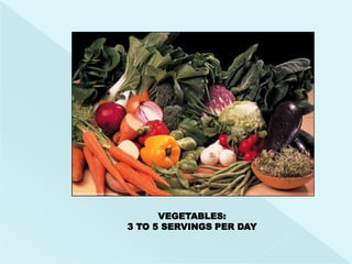 VEGETABLES:
3 TO 5 SERVINGS PER DAY
 