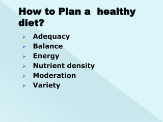    Adequacy
   Balance
   Energy
   Nutrient density
   Moderation
   Variety
 