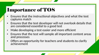 Importance of TOS
• Ensures that the instructional objectives and what the test
captures match
• Ensures that the test developer will not overlook details that
are considered essential to a good test
• Make developing a test easier and more efficient
• Ensures that the test will sample all important content areas
and processes
• Offers an opportunity for teachers and students to clarify
achievement
 