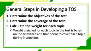 General Steps in Developing a TOS
1. Determine the objectives of the test.
2. Determine the coverage of the test.
3. Calculate the weight for each topic.
 Weight assigned for each topic in the test is based
on the relevance and time spent to cover each topic
during instruction.
 