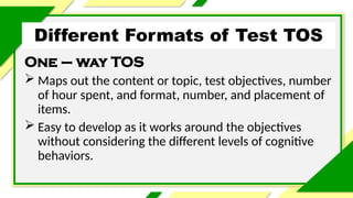 Different Formats of Test TOS
One – way TOS
 Maps out the content or topic, test objectives, number
of hour spent, and format, number, and placement of
items.
 Easy to develop as it works around the objectives
without considering the different levels of cognitive
behaviors.
 