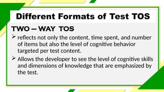 Different Formats of Test TOS
TWO – WAY TOS
 reflects not only the content, time spent, and number
of items but also the level of cognitive behavior
targeted per test content.
 Allows the developer to see the level of cognitive skills
and dimensions of knowledge that are emphasized by
the test.
 