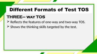 Different Formats of Test TOS
THREE– way TOS
 Reflects the features of one-way and two-way TOS.
 Shows the thinking skills targeted by the test.
 