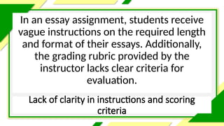 Lack of clarity in instructions and scoring
criteria
In an essay assignment, students receive
vague instructions on the required length
and format of their essays. Additionally,
the grading rubric provided by the
instructor lacks clear criteria for
evaluation.
 