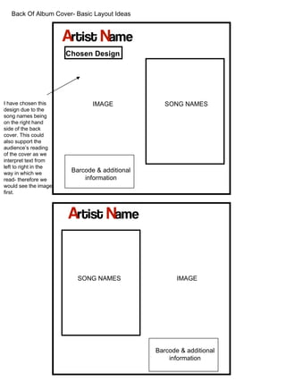 IMAGE IMAGE SONG NAMES SONG NAMES Barcode & additional information Barcode & additional information Back Of Album Cover- Basic Layout Ideas Chosen Design I have chosen this design due to the song names being on the right hand side of the back cover. This could also support the audience’s reading of the cover as we interpret text from left to right in the way in which we read- therefore we would see the image first. 