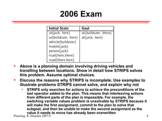 2006 Exam Above is a planning domain involving driving vehicles and travelling between locations. Show in detail how STRIPS solves this problem. Assume optimal choices. Discuss the reasons why STRIPS is incomplete. Use examples to illustrate problems STRIPS cannot solve, and explain why not STRIPS only searches for actions to achieve the preconditions of the last operator added to the plan. This means that interleaving actions from different parts of the plan is impossible. For example, the switching variable values problem is unsolvable by STRIPS because it will make the first assignment, commit to the plan to solve that subgoal, and then be unable to make the second assignment as the value it needs to move has already been overwritten 