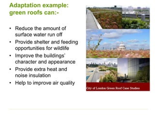 Adaptation example:
green roofs can:-
• Reduce the amount of
surface water run off
• Provide shelter and feeding
opportunities for wildlife
• Improve the buildings’
character and appearance
• Provide extra heat and
noise insulation
• Help to improve air quality
 
