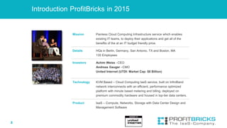 2
Introduction ProfitBricks in 2015
Mission Painless Cloud Computing Infrastructure service which enables
existing IT team...