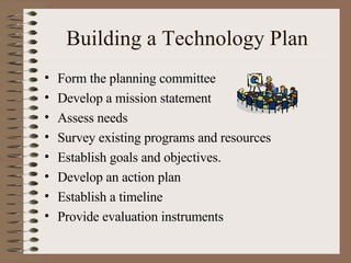 Building a Technology Plan Form the planning committee Develop a mission statement Assess needs Survey existing programs and resources Establish goals and objectives. Develop an action plan Establish a timeline Provide evaluation instruments 
