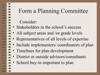 Form a Planning Committee Stakeholders in the school’s success All subject areas and /or grade levels Representatives of all levels of expertise Include implementers/ coordinators of plan Timelines for plan development District or outside advisors/consultants School buy-in important to plan Consider: 