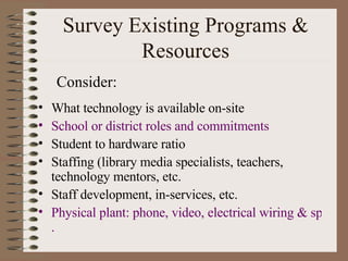 Survey Existing Programs & Resources What technology is available on-site School or district roles and commitments Student to hardware ratio Staffing (library media specialists, teachers, technology mentors, etc. Staff development, in-services, etc. Physical plant: phone, video, electrical wiring & space limitations . Consider: 