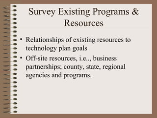 Relationships of existing resources to technology plan goals Off-site resources, i.e.., business partnerships; county, state, regional agencies and programs. Survey Existing Programs & Resources 
