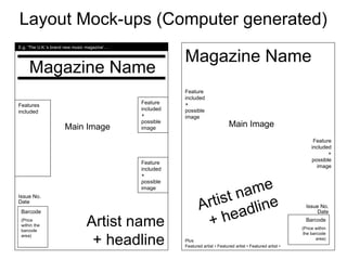 Layout Mock-ups (Computer generated) Magazine Name Barcode (Price within the barcode area) Issue No. Date Main Image E.g. ‘The U.K.’s brand new music magazine’… Features included Artist name + headline Feature included + possible image Feature included + possible image Issue No. Date Barcode (Price within the barcode area) Magazine Name Main Image Artist name + headline Featured artist  •  Featured artist • Featured artist • Plus Feature included + possible image Feature included + possible image 