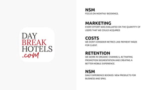 NSM
FOCUS ON MONTHLY BOOKINGS.
CASO EJEMPLO
DAYBREAKHOTELS
MARKETING
EVERY EFFORT WAS EVALUATED ON THE QUANTITY OF
USERS THAT WE COULD ACQUIRED
COSTS
WE DONT CONSIDER METRICS LIKE PAYMENT MADE
FOR CLIENT.
RETENTION
WE WORK IN ORGANIC CHANNELS, ACTIVATING
PROMOTION SEGMENTATION AND CREATING A
BETTER MOBILE EXPERIENCE.
NSM
DAILY EXPERIENCE BOOKED: NEW PRODUCTS FOR
BUSINESS AND SPAS.
 
