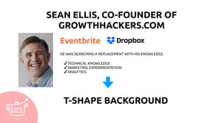 SEAN ELLIS, CO-FOUNDER OF
GROWTHHACKERS.COM
HE WAS SEARCHING A REPLACEMENT WITH HIS KNOWLEDGE
✓TECHINCAL KNOWLEDGE
✓MARKETING EXPERIMENTATION
✓ANALYTICS
T-SHAPE BACKGROUND
 