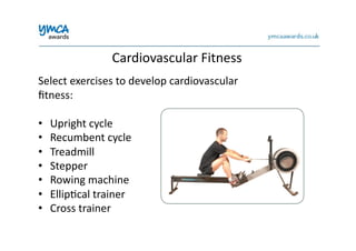 Cardiovascular	
  Fitness	
  
Select	
  exercises	
  to	
  develop	
  cardiovascular	
  
ﬁtness:	
  
•  Upright	
  cycle	
  
•  Recumbent	
  cycle	
  
•  Treadmill	
  
•  Stepper	
  
•  Rowing	
  machine	
  
•  Ellip0cal	
  trainer	
  
•  Cross	
  trainer	
  
 