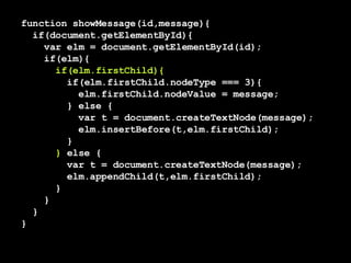 function showMessage(id,message){ if(document.getElementById){  var elm = document.getElementById(id); if(elm){ if(elm.firstChild){ if(elm.firstChild.nodeType === 3){ elm.firstChild.nodeValue = message; } else { var t = document.createTextNode(message); elm.insertBefore(t,elm.firstChild);  } }  else { var t = document.createTextNode(message); elm.appendChild(t,elm.firstChild);  }   } } } 