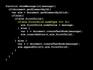 function showMessage(id,message){ if(document.getElementById){  var elm = document.getElementById(id); if(elm){ if(elm.firstChild){ if(elm.firstChild.nodeType === 3){ elm.firstChild.nodeValue = message; }  else { var t = document.createTextNode(message); elm.insertBefore(t,elm.firstChild);  } } else { var t = document.createTextNode(message); elm.appendChild(t,elm.firstChild);  }   } } } 