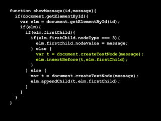 function showMessage(id,message){ if(document.getElementById){  var elm = document.getElementById(id); if(elm){ if(elm.firstChild){ if(elm.firstChild.nodeType === 3){ elm.firstChild.nodeValue = message; } else { var t = document.createTextNode(message); elm.insertBefore(t,elm.firstChild);   } } else { var t = document.createTextNode(message); elm.appendChild(t,elm.firstChild);  }   } } } 