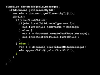 function showMessage(id,message){ if(document.getElementById){  var elm = document.getElementById(id); if(elm){ if(elm.firstChild){ if(elm.firstChild.nodeType === 3){ elm.firstChild.nodeValue = message; } else { var t = document.createTextNode(message); elm.insertBefore(t,elm.firstChild);  } }  else { var t = document.createTextNode(message); elm.appendChild(t,elm.firstChild);  }   } } } 