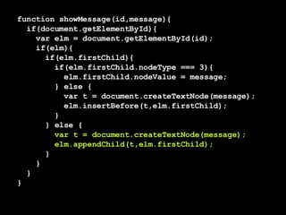 function showMessage(id,message){ if(document.getElementById){  var elm = document.getElementById(id); if(elm){ if(elm.firstChild){ if(elm.firstChild.nodeType === 3){ elm.firstChild.nodeValue = message; } else { var t = document.createTextNode(message); elm.insertBefore(t,elm.firstChild);  } } else { var t = document.createTextNode(message); elm.appendChild(t,elm.firstChild);   }   } } } 